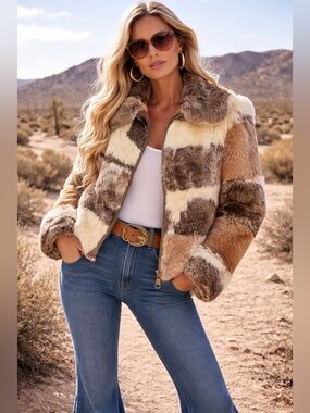 Vintage Patchwork Rabbit Fur Coat Women Small Boho Luxe Statement Jacket